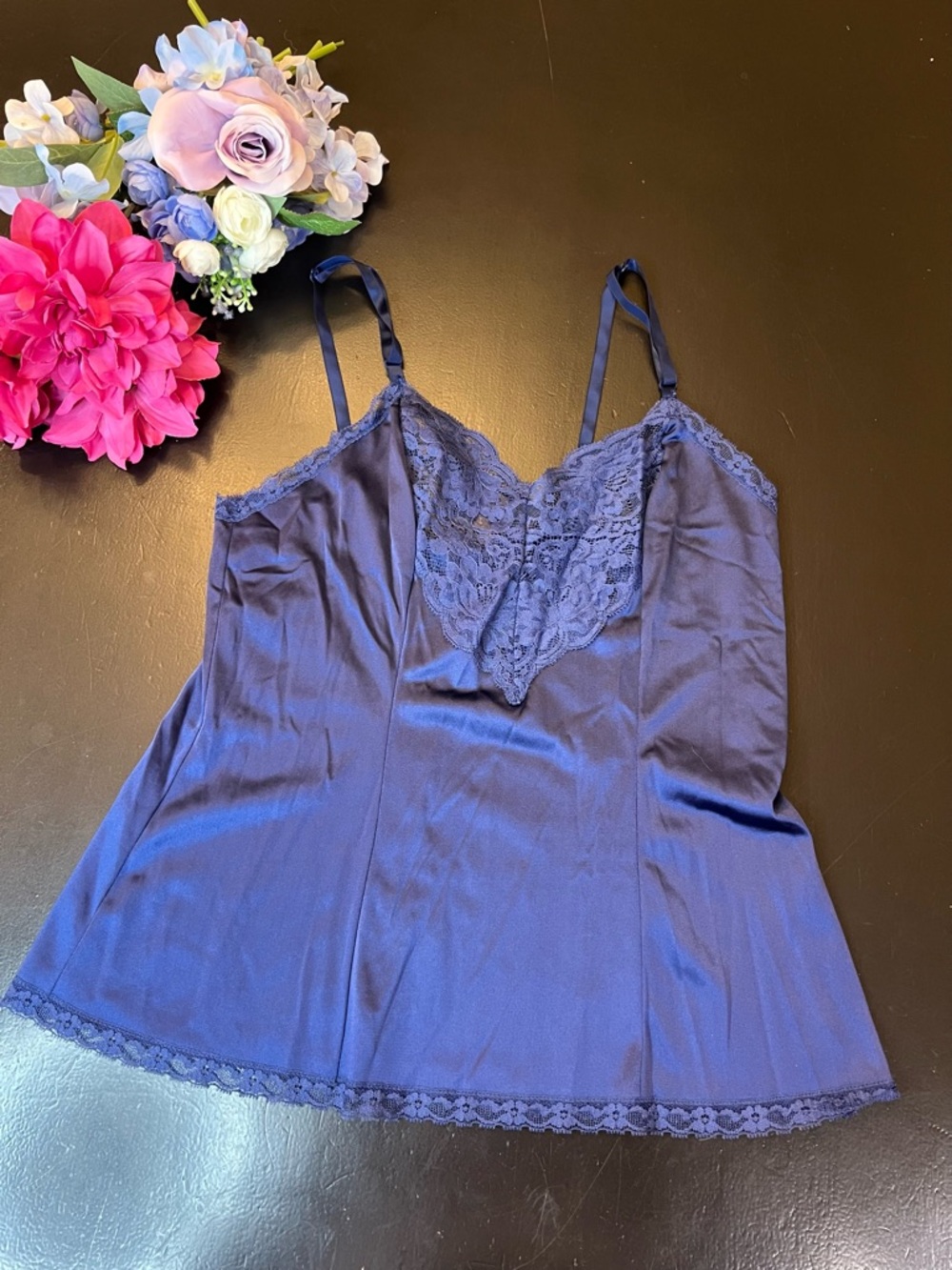 Applause Vintage Navy Blue Satin Lace Cami Slip Top Sz‎ XS Boudoir Lingerie